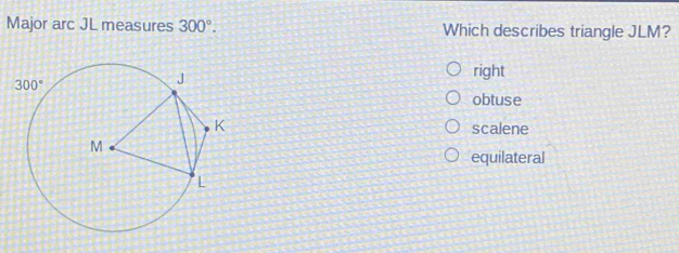 Major arc JL measures 300°. Which describes triangle JLM?
right
obtuse
scalene
equilateral