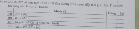 âu 39. Cho △ ABC có trực tâm H và O là tâm đường tròn ngoại tiếp tam giác. Gọi B' là điểm
đối xứng của B qua O. Khi đó: