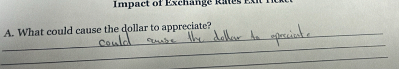 Impact of Exchange Rates Ex 
_ 
A. What could cause the dollar to appreciate? 
_ 
_ 
_