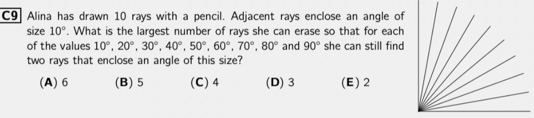 Gelöst:C9 Alina has drawn 10 rays with a pencil. Adjacent rays enclose ...