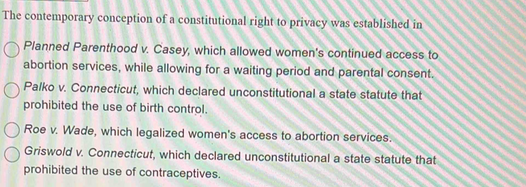 The contemporary conception of a constitutional right to privacy was established in
Planned Parenthood v. Casey, which allowed women's continued access to
abortion services, while allowing for a waiting period and parental consent.
Palko v. Connecticut, which declared unconstitutional a state statute that
prohibited the use of birth control.
Roe v. Wade, which legalized women's access to abortion services.
Griswold v. Connecticut, which declared unconstitutional a state statute that
prohibited the use of contraceptives.