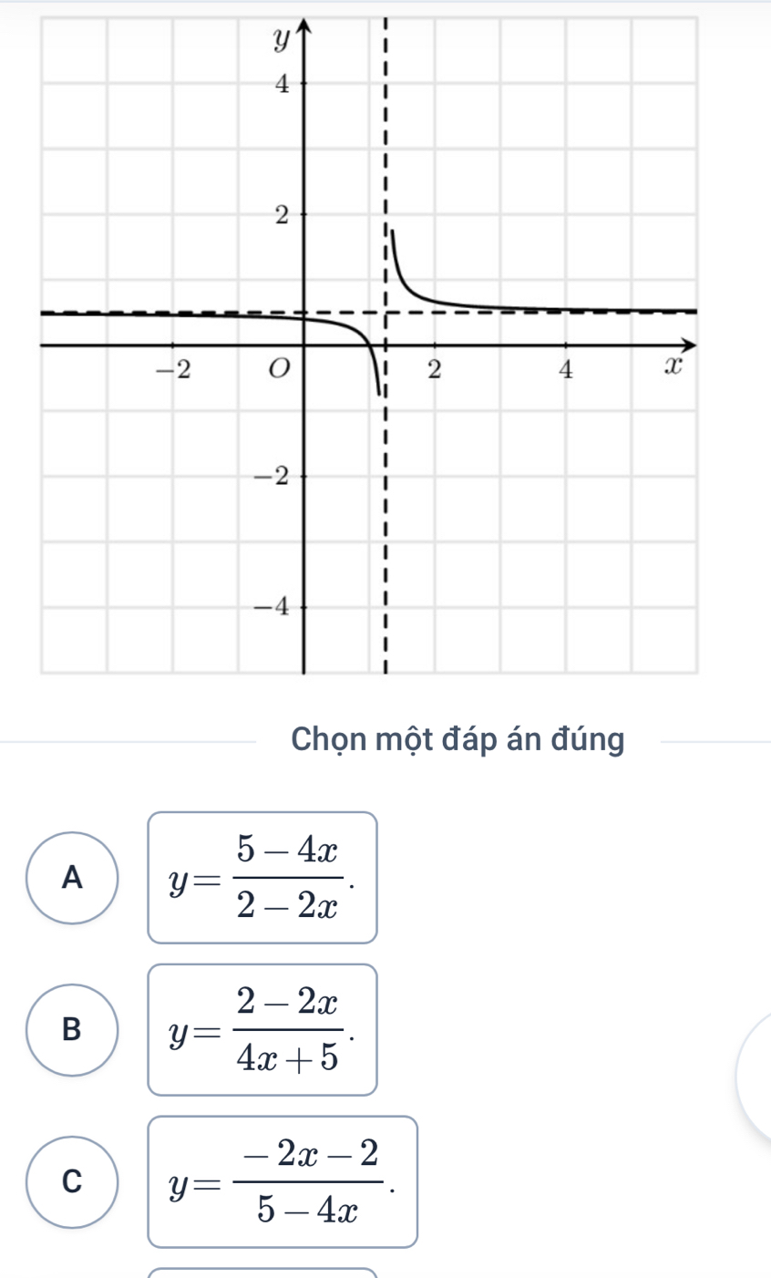 Y
A y= (5-4x)/2-2x .
B y= (2-2x)/4x+5 .
C y= (-2x-2)/5-4x .