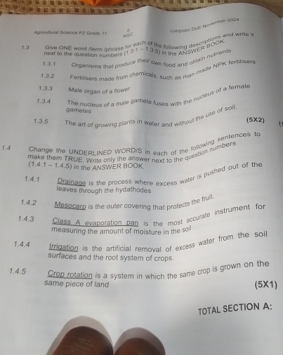 Agricultural Science P2 Grade 11 
Lmpopo Doë Nivembér 2024 
1.3 Give ONE word /term/phrase for each of the following descripo g r and write is 
next to the question numbers (1.3.1 - 1.3.5) in the ANSWER BOOK 
1,3.1 grgenisims that produce their own food any obtain nutrient. 
1.3.2 Fertilisers made from chemicals, such as man-made NPK fertilisers 
1.3.3 Male organ of a flower 
1.3.4 The nucieus of a male gamete fuses with the nucieus of a femate 
gametes (5X2) 
1.3.5 The art of growing plants in water and without the use of soill. 
1.4 Change the UNDERLINED WORD/S in each of the following sentences to 
make them TRUE. Write only the answer next to the question number s 
(1.4.1 - 1.4.5) in the ANSWER BOOK, 
1.4.1 prainage is the process where excess water is pushed out of the 
leaves through the hydathodes 
1.4.2 Mesocarp is the outer covering that protects the fruit 
1.4.3 Class A evaporation pan is the most accurate instrument for 
measuring the amount of moisture in the soll 
1.4.4 Irrigation is the artificial removal of excess water from the soil 
surfaces and the root system of crops. 
1.4.5 Crop rotation is a system in which the same crop is grown on the 
same piece of land (5X1) 
TOTAL SECTION A: