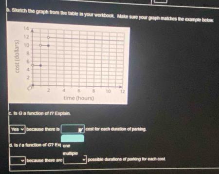 Sketch the graph from the table in your workbook. Make sure your graph matches the example below.
c. Is G a function of i? Explain.
Yes because there is cost for each duration of parking.
d. Is i a function of G? EX one
multiple
because there are possible durations of parking for each cost.