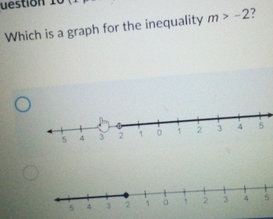 uestion 10 
Which is a graph for the inequality m>-2 ?
5