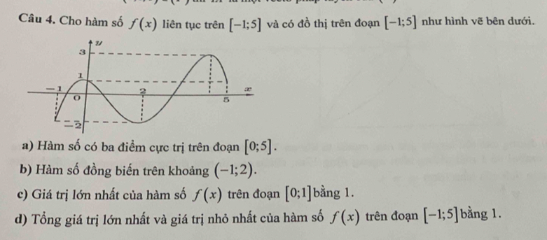 Cho hàm số f(x) liên tục trên [-1;5] và có đồ thị trên đoạn [-1;5] như hình vẽ bên dưới. 
a) Hàm số có ba điểm cực trị trên đoạn [0;5]. 
b) Hàm số đồng biến trên khoảng (-1;2). 
c) Giá trị lớn nhất của hàm số f(x) trên đoạn [0;1] bằng 1. 
d) Tổng giá trị lớn nhất và giá trị nhỏ nhất của hàm số f(x) trên đoạn [-1;5] bằng 1.