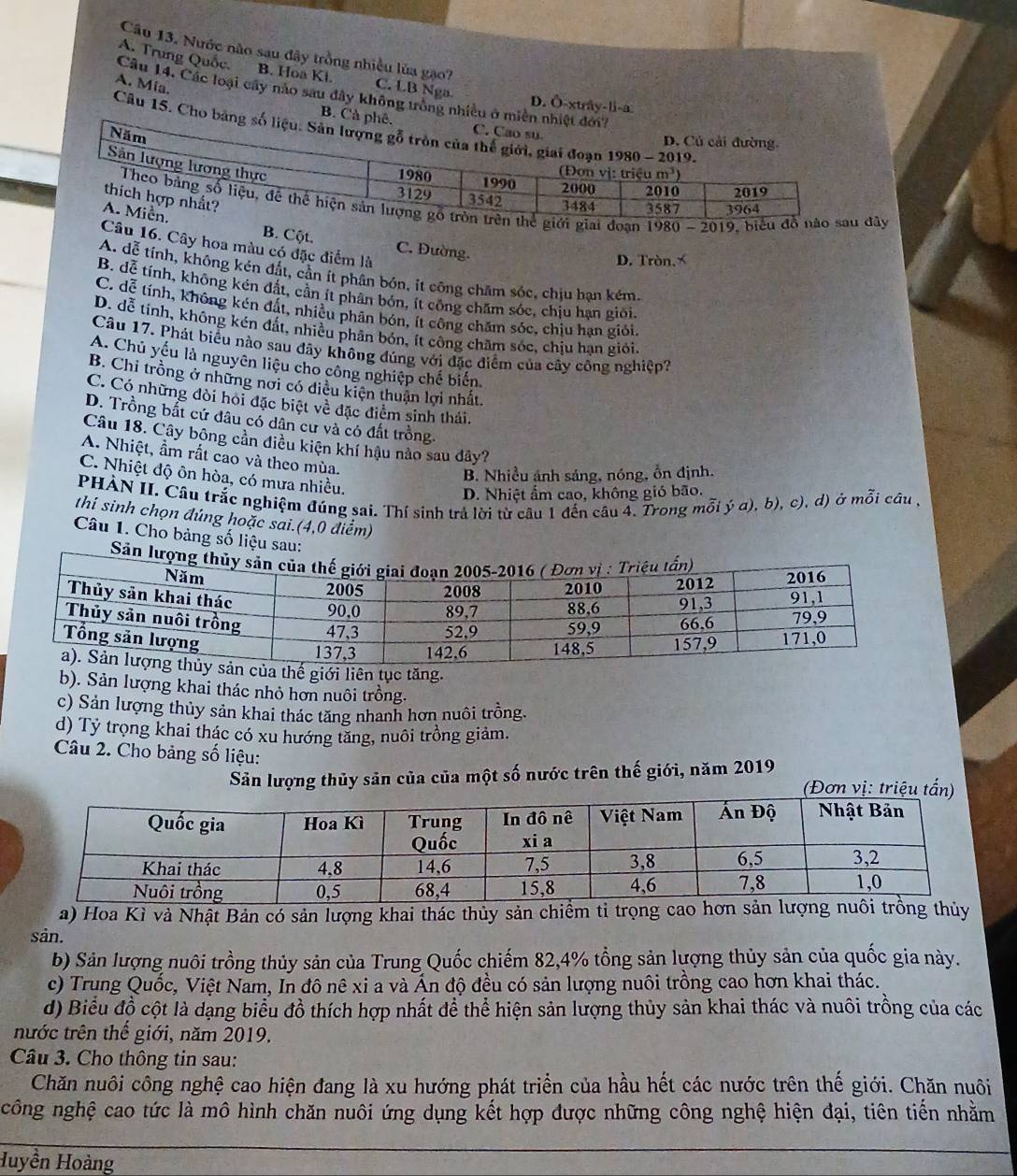 Nước nào sau đây trồng nhiều lủa gạo?
A. Trung Quốc. B. Hoa Kl. C. LB Nga D. Ô-xtrây-li-a
A. Mia.
Câu 14. Các loại cây nào sau đây không tròng nhi
Câu 15. Ch
đây
B. Cột. C. Đường.
u 16. Cây hoa màu có đặc điểm là
D. Tròn.
A. dễ tính, không kén đất, cần ít phân bón, it công châm sóc, chịu bạn kém.
B. đễ tính, không kén đất, cần ít phân bón, ít công chăm sóc, chịu han giối
C. dễ tính, không kén đất, nhiều phân bón, ít công chăm sóc, chịu hạn giới,
D. đễ tinh, không kén đất, nhiều phân bón, ít công châm sóc, chịu hạn giới,
Câu 17. Phát biểu nào sau đây không đúng với đặc điểm của cây công nghiệp?
A. Chủ yếu là nguyên liệu cho công nghiệp chế biến
B. Chi trồng ở những nơi có diều kiện thuận lợi nhất.
C. Có những đòi hoi đặc biệt về đặc điểm sinh thái.
D. Trồng bắt cứ đâu có dân cư và có đất trồng.
Câu 18. Cây bông cản điều kiện khí hậu nào sau đây?
A. Nhiệt, ẩm rất cao và theo mùa.
B. Nhiều ánh sáng, nóng, ồn định.
C. Nhiệt độ ôn hòa, có mưa nhiều.
D. Nhiệt ẩm cao, không gió bão.
PHÀN II. Câu trắc nghiệm đúng sai. Thí sinh trả lời từ câu 1 đến câu 4. Trong mỗi ý ơ), b), c), d) ở mỗi câu ,
thí sinh chọn đúng hoặc sai.(4,0 điểm)
Câu 1. Cho bảng số liệu sau:
thế giới liên tục tăng.
b). Sản lượng khai thác nhỏ hơn nuôi trồng.
c) Sản lượng thủy sản khai thác tăng nhanh hơn nuôi trồng.
d) Tỷ trọng khai thác có xu hướng tăng, nuôi trồng giảm.
Câu 2. Cho bảng số liệu:
Sản lượng thủy sản của của một số nước trên thế giới, năm 2019
vị: 
a) Hoa Kì và Nhật Bản có sản lượng khai thác thủy sản chiểm tỉ trọng cathủy
sản.
b) Sản lượng nuôi trồng thủy sản của Trung Quốc chiếm 82,4% tổng sản lượng thủy sản của quốc gia này.
c) Trung Quốc, Việt Nam, In đô nê xi a và Án độ đều có sản lượng nuôi trồng cao hơn khai thác.
d) Biểu đồ cột là dạng biểu đồ thích hợp nhất để thể hiện sản lượng thủy sản khai thác và nuôi trồng của các
tước trên thế giới, năm 2019.
Câu 3. Cho thông tin sau:
Chăn nuôi công nghệ cao hiện đang là xu hướng phát triển của hầu hết các nước trên thế giới. Chăn nuôi
công nghệ cao tức là mô hình chăn nuôi ứng dụng kết hợp được những công nghệ hiện đại, tiên tiến nhằm
Huyền Hoàng