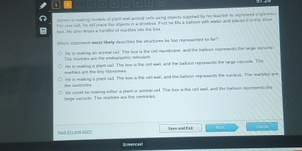 James is making modeb of plan and animal cels using objects suppled by his seacher to represent organeies.
For one call, he will place the objects in a shoebex. First he fila a ballnen with water and placed it in the shoe
box. He also dropa a handful of marbles into the box
Which statement most likely describes the structures he has represented so far?
He is making an animai cell. The box is the cell membrane, and the balloon repreents the large vacuale.
The marbles we the endoplasm ic reticulum
marbles are the tiay ribosomes. He is making a plant cell. The bex is the cell wall, and the balloon represents the lsege vacure. The
the cantrioles. He is making a plant cell. The box is the cell wall, and the balloon represents the mucieus. The marbles are
He could be making either a plant or animal call. The box is the cell wail, and the bailoun represents the
large vacuole. The marbles are the centricles.
titare this and retur" Save and Ex Next Sc omit
Screencial