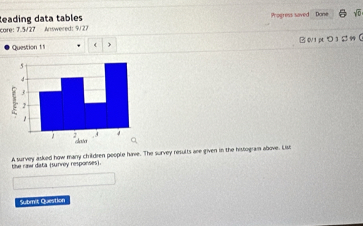 Reading data tables Progress saved Done sqrt(0) 
core: 7.5/27 Answered: 9/27 
Question 11 ( B 0/1 pt つ 3 $ 99  
A survey asked how many children people have. The survey results are given in the histogram above. List 
the raw data (survey responses). 
Submit Question