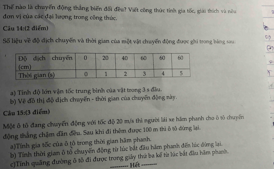 Thế nào là chuyển động thẳng biến đổi đều? Viết công thức tính gia tốc, giải thích và nêu 
đơn vị của các đại lượng trong công thức. 
Câu 14:(2 điểm) 
Số liệu về độ dịch chuyển và thời gian của một vật chuyển động được ghi trong bảng sau: 
a) Tính độ lớn vận tốc trung bình của vật trong 3 s đầu. 
b) Vẽ đồ thị độ dịch chuyển - thời gian của chuyển động này. 
Câu 15:(3 điểm) 
Một ô tô đang chuyển động với tốc độ 20 m/s thì người lái xe hãm phanh cho ô tô chuyền 
động thắng chậm đần đều. Sau khi đi thêm được 100 m thì ô tô dừng lại. 
a)Tính gia tốc của ô tô trong thời gian hãm phanh. 
b) Tính thời gian ô tổ chuyến động từ lúc bắt đầu hãm phanh đến lúc dừng lại. 
c)Tính quãng đường ô tô đi được trong giây thứ ba kể từ lúc bắt đầu hãm phanh. 
Hết