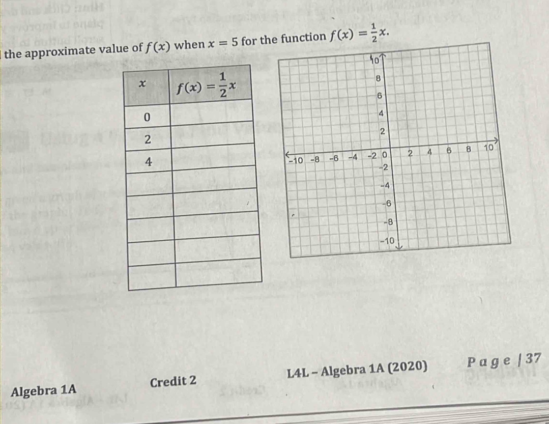 the approximate value of f(x) when x=5 for the function f(x)= 1/2 x.
Algebra 1A Credit 2 L4L - Algebra 1A (2020) Page | 37