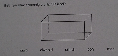 Beth yw enw arbennig y siập 3D isod?
ciwb ciwboid silindr côn sffêr