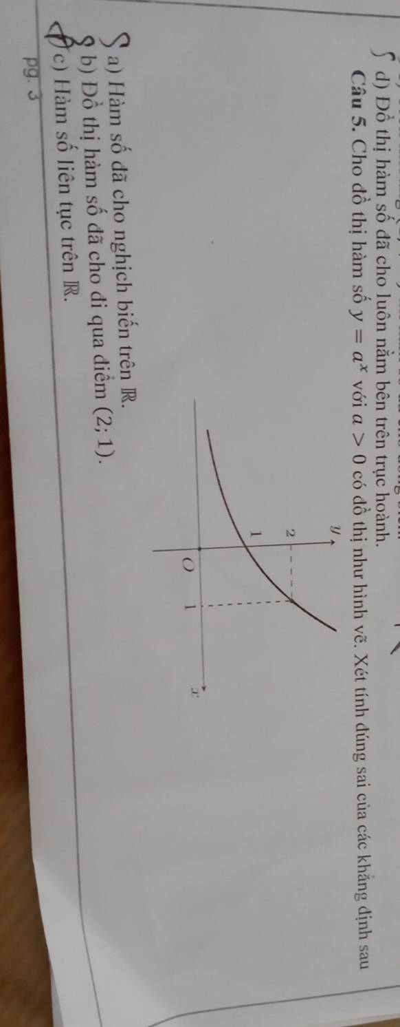 Đồ thị hàm số đã cho luôn nằm bên trên trục hoành. 
Câu 5. Cho đồ thị hàm số y=a^x với a>0 có đồ thị như hình vẽ. Xét tính đúng sai của các khẳng định sau 
a) Hàm số đã cho nghịch biến trên R. 
a b) Đồ thị hàm số đã cho đi qua điểm (2;1). 
(c) Hàm số liên tục trên R. 
pg. 3