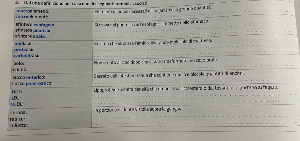 Dai una definizione per ciascuno dei seguenti termini associati. 
tà.