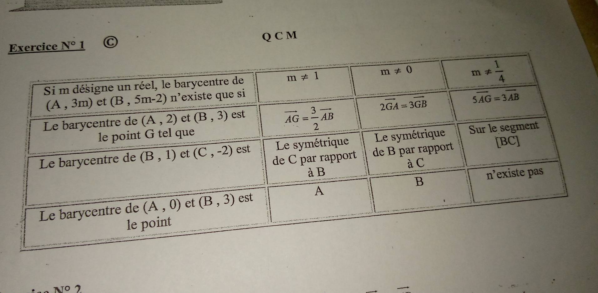 Exercice N° 1 Q C M