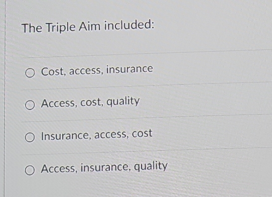 The Triple Aim included:
Cost, access, insurance
Access, cost, quality
Insurance, access, cost
Access, insurance, quality