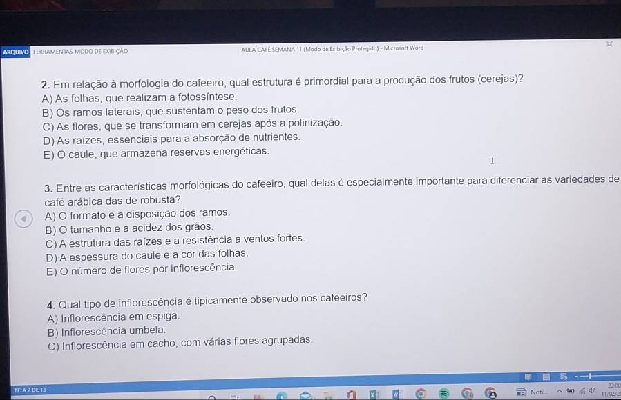 arquivo: Ferramentas modo de exibição AULA CAFÉ SEMANA 11 (Modo de Exibição Protegido) - Microsoft Word
2. Em relação à morfologia do cafeeiro, qual estrutura é primordial para a produção dos frutos (cerejas)?
A) As folhas, que realizam a fotossíntese.
B) Os ramos laterais, que sustentam o peso dos frutos.
C) As flores, que se transformam em cerejas após a polinização.
D) As raízes, essenciais para a absorção de nutrientes.
E) O caule, que armazena reservas energéticas.
3. Entre as características morfológicas do cafeeiro, qual delas é especialmente importante para diferenciar as variedades de
café arábica das de robusta?
4 A) O formato e a disposição dos ramos.
B) O tamanho e a acidez dos grãos.
C) A estrutura das raízes e a resistência a ventos fortes.
D) A espessura do caule e a cor das folhas.
E) O número de flores por inflorescência.
4. Qual tipo de inflorescência é tipicamente observado nos cafeeiros?
A) Inflorescência em espiga.
B) Inflorescência umbela.
C) Inflorescência em cacho, com várias flores agrupadas.
22:()0
TELA 2 DE 13 11/02/2
No