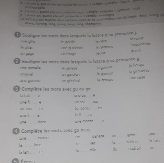 Le son g. quand elle est suivie de a,o,u.Lr. Exemple : gamelle - figure - gom
orthographe
Le son j. quand elle est sulvie de ie, y. Exemple : imaginer - gymnase - sage
Le son gn, quand ellle est suivie de n. Exemple : montagne
La lettre g est muetre dans certains mots et ne se prononce pas. Exemple : doigt, bourg, co
étang, hareng, long, poing, sang, rang, shampoing.
[ Souligne les mots dans lesquels la lettre g se prononce j.
une gifle le gorillle la gare le rouge
l'ìmagination
le gitan une guirlande la garenne
grand
un gage un étage jeune
2 Souligne les mots dans lesquels la lettre g se prononce g.
une gamelle le garage la gomme je bouge
original un gardlien la guenon la girouette
une gomme un général le groupe une cage
3 Complète les mots avec gu ou gn.
la fati e une ba e
une fi_ e un soi eur
un mu et tu conju es
une lii e la fi re
une _itare une monta e
4 Complète les mots avec gu ou g.
une omme un _itariste un _amin une
la __lace le _ilet le _ardien la fati
la lan_ e _rille du_ oudron un_
la
O Écris :