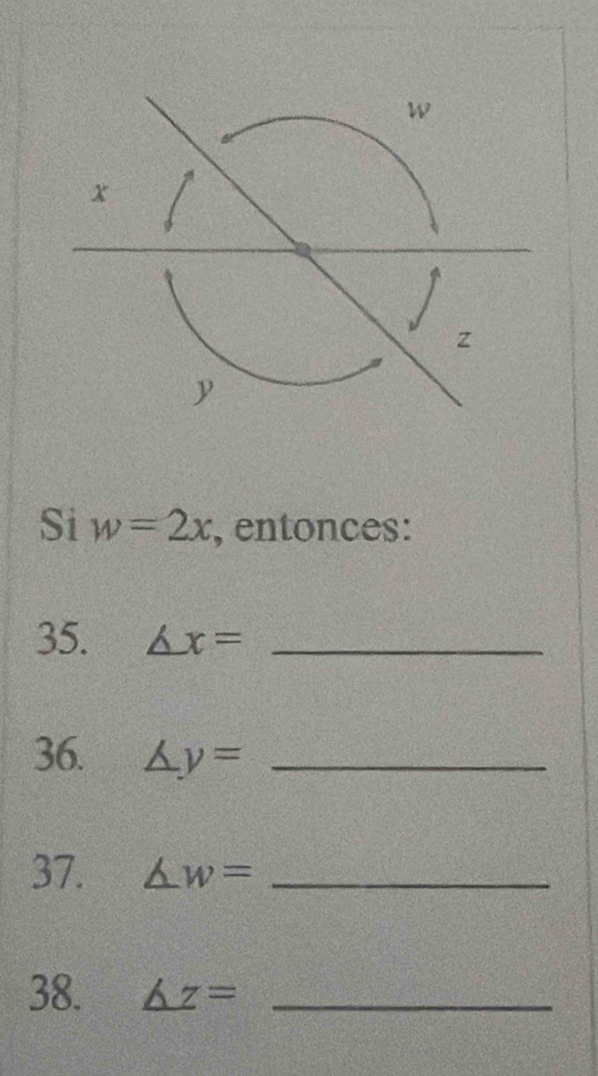 Si w=2x , entonces: 
35. △ x= _ 
36. △ y= _ 
37. ∠ w= _ 
38. _ △ z= _