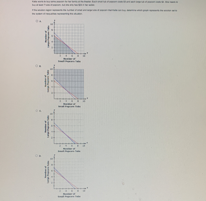 Kalle wants to buy some popcom for her family at the theater. Each small tub of popcorn costs $3 and each large tub of popcorn costs $4. She needs to
buy at least 7 tubs of popcom, but she only has $24 in her wailet.
If the solution region represents the number of small and large tubs of popcorn that Katle can buy, determine which graph represents the solution set to
the system of inequalities representing this situation.
A.
Small Popcorn Tubs Number of
B.
4
Small Popcorn Tubs
c.
Smalll Popcorn Tubs
D.
Small Popcorn Tubs Number of