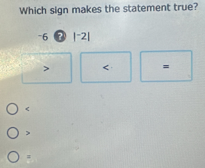 Which sign makes the statement true?
-6 a |^-2|

=

=