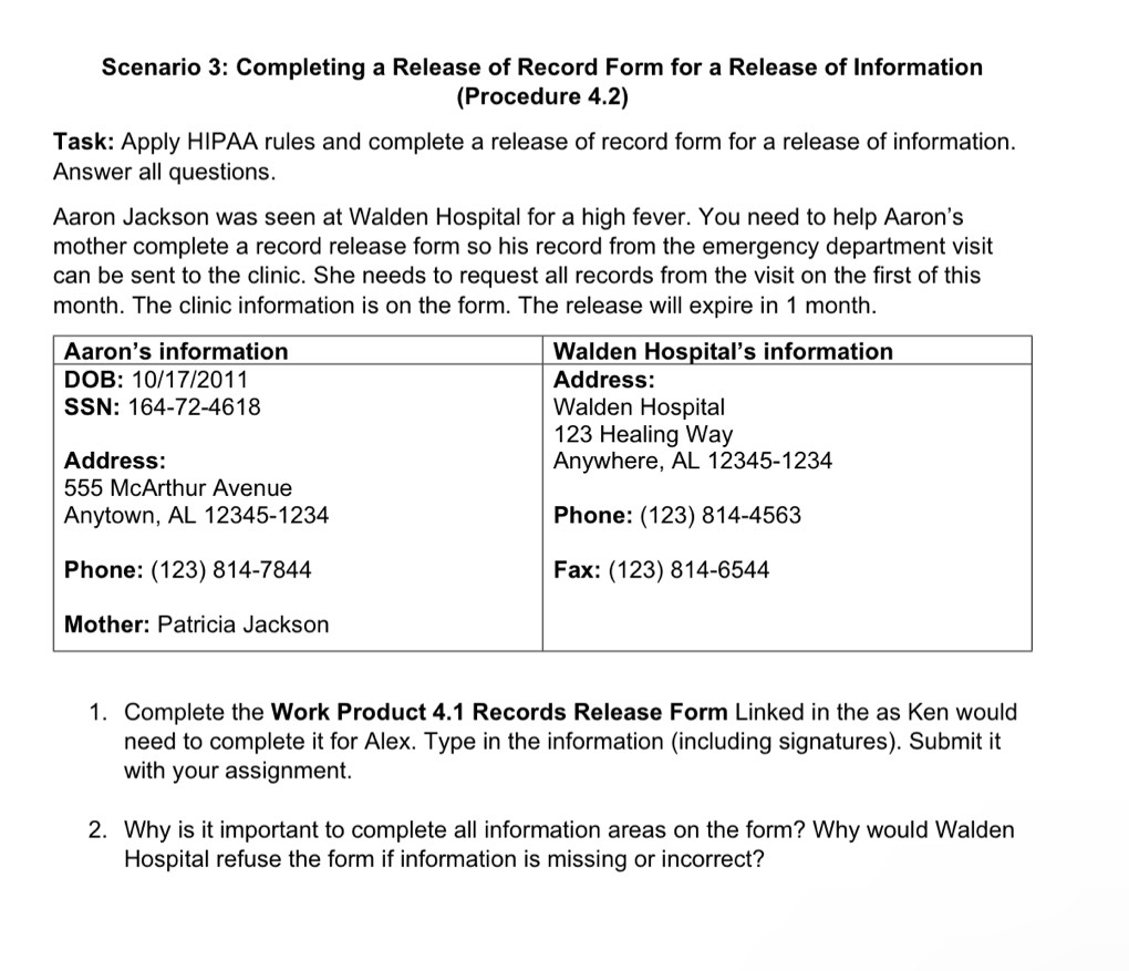 Solved: Scenario 3: Completing a Release of Record Form for a Release ...