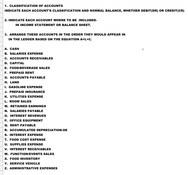 CLASSIFICATION OF ACCOUNTS 
INDICATE EACH ACCOUNT'S CLASSIFICATION AND NORMAL BALANCE, WHETHER DEBIT(DR) OR CREDIT(CR) 
2. INDICATE EACH ACCOUNT WHERE TO BE INCLUDED- 
IN INCOME STATEMENT OR BALANCE SHEET. 
3. ARRANGE THESE ACCOUNTS IN THE ORDER THEY WOULD APPEAR IN 
IN THE LEDGER BASED ON THE EQUATION A=L+C. 
A. CASH 
B. SALARIES EXPENSE 
C. ACCOUNTS RECEIVABLES 
D. CAPITAL 
E. FOOD/BEVERAGE SALES 
F. PREPAID RENT 
G. ACCOUNTS PAYABLE 
H. LAND 
I. GASOLINE EXPENSE 
J. PREPAID INSURANCE 
K. UTILITIES EXPENSE 
L. ROOM SALES 
M. RETAINED EARNINGS 
N. SALARIES PAYABLE 
O. INTEREST REVENVES 
P. OFFICE EQUIPMENT 
Q. RENT PAYABLE 
R. ACCUMULATED DEPRECIATION-OE 
S. INTEREST EXPENSE 
T. FOOD COST EXPENSE 
U. SUPPLIES EXPENSE 
V. INTEREST RECEIVABLES 
W. FUNCTION/EVENTS SALES 
X. FOOD INVENTORY 
Y. SERVICE VEHICLE 
Z. ADMINISTRATIVE EXPENSES