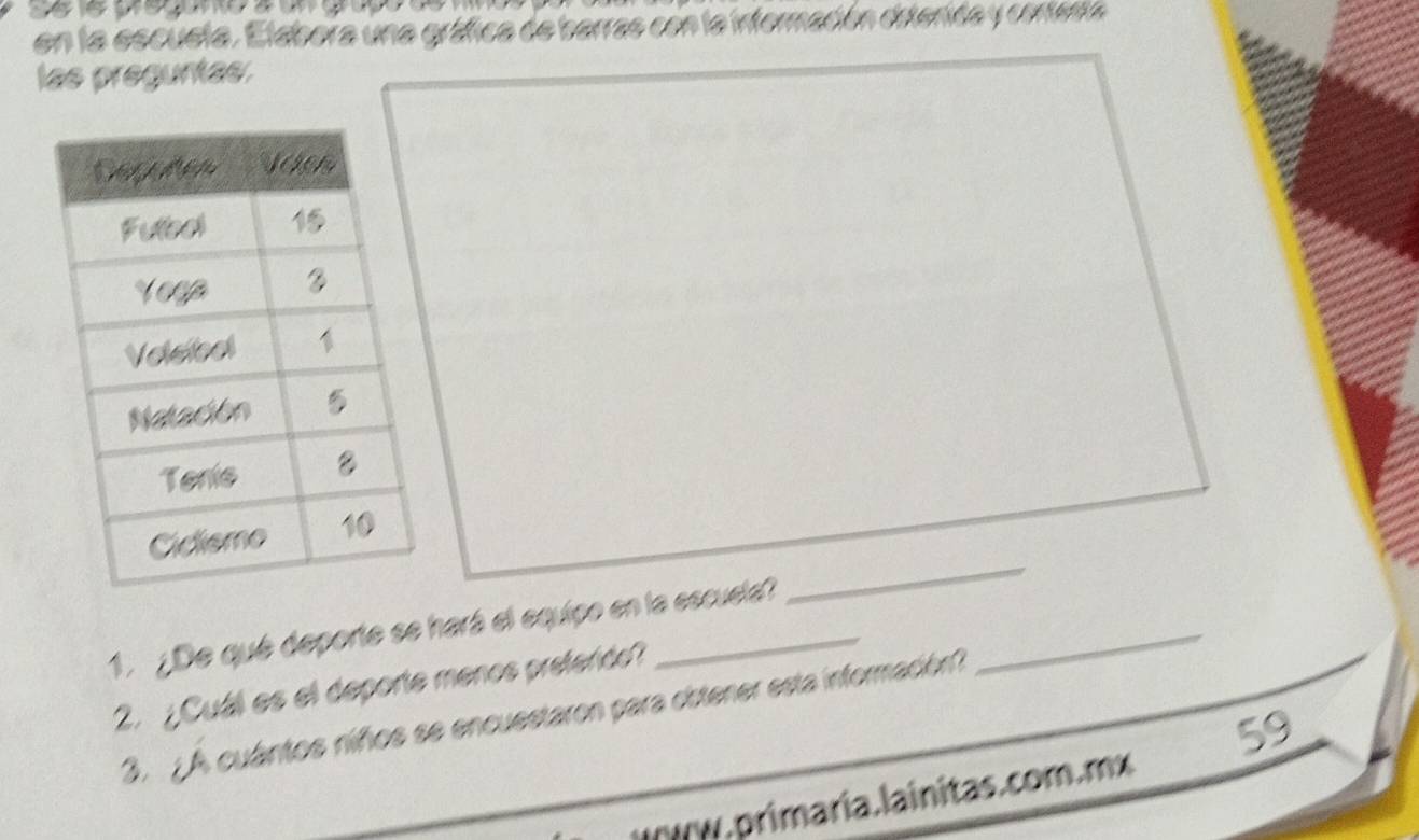 en la escueta. Elabora una gráfica de barras con la información diterida y contenta 
las preguntas. 
1.¿De qué deporte se hará el equipo en la escuela? 
_ 
2. ¿Cuál es el deporte menos preferido? 
3. ¿ A cuántos niños se encuestaron para ostener esta informaión? 
59 
www. primaria. lainitas.com.mx