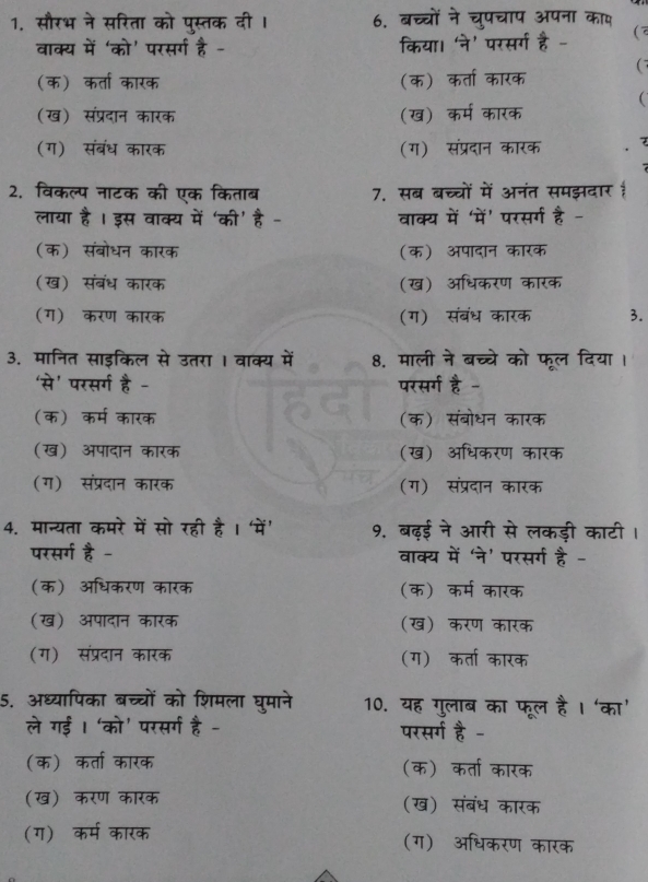 सौरभ ने सरिता को पुस्तक दी । 6. बच्चों ने चुपचाप अपना काष
वाक्य में ‘को’ परसर्ग है - किया। ‘ने’ परसर्ग है -
( 7
(क) कर्ता कारक (क) कर्ता कारक (7

(ख) संप्रदान कारक (ख) कर्म कारक
(ग) संबंध कारक (ग) संप्रदान कारक 7
2. विकल्प नाटक की एक किताब 7. सब बच्चों में अनंत समझदार 
लाया है। इस वाक्य में ‘की' है - वाक्य में ‘में' परसर्ग है -
(क) संबोधन कारक (क) अपादान कारक
(ख) संबंध कारक (ख) अधिकरण कारक
(ग) करण कारक (ग) संबंध कारक 3.
3. मानित साइकिल से उतरा । वाक्य में 8. माली ने बच्चे को फूल दिया ।
‘से' परसर्ग है - परसर्ग है -
(क) कर्म कारक (क) संबोधन कारक
(ख) ऑपादान कारक (ख) अधिकरण कारक
(ग) संप्रदान कारक (ग) संप्रदान कारक
4. मान्यता कमरे में सो रही है । 'में’ 9. बढ़ई ने आरी से लकड़ी काटी ।
परसर्ग है - वाक्य में ‘ने’ परसर्ग है -
(क) अधिकरण कारक (क) कर्म कारक
(ख) अपादान कारक (ख) करण कारक
(ग) संप्रदान कारक (ग) कर्ता कारक
5. अध्यापिका बच्चों को शिमला घुमाने 10. यह गुलाब का फूल है । ‘का’
ले गई। ‘को’ परसर्ग है - परसर्ग है -
(क) कर्ता कारक (क) कर्ता कारक
(ख) करण कारक (ख) संबंध कारक
(ग) कर्म कारक (ग) अधिकरण कारक