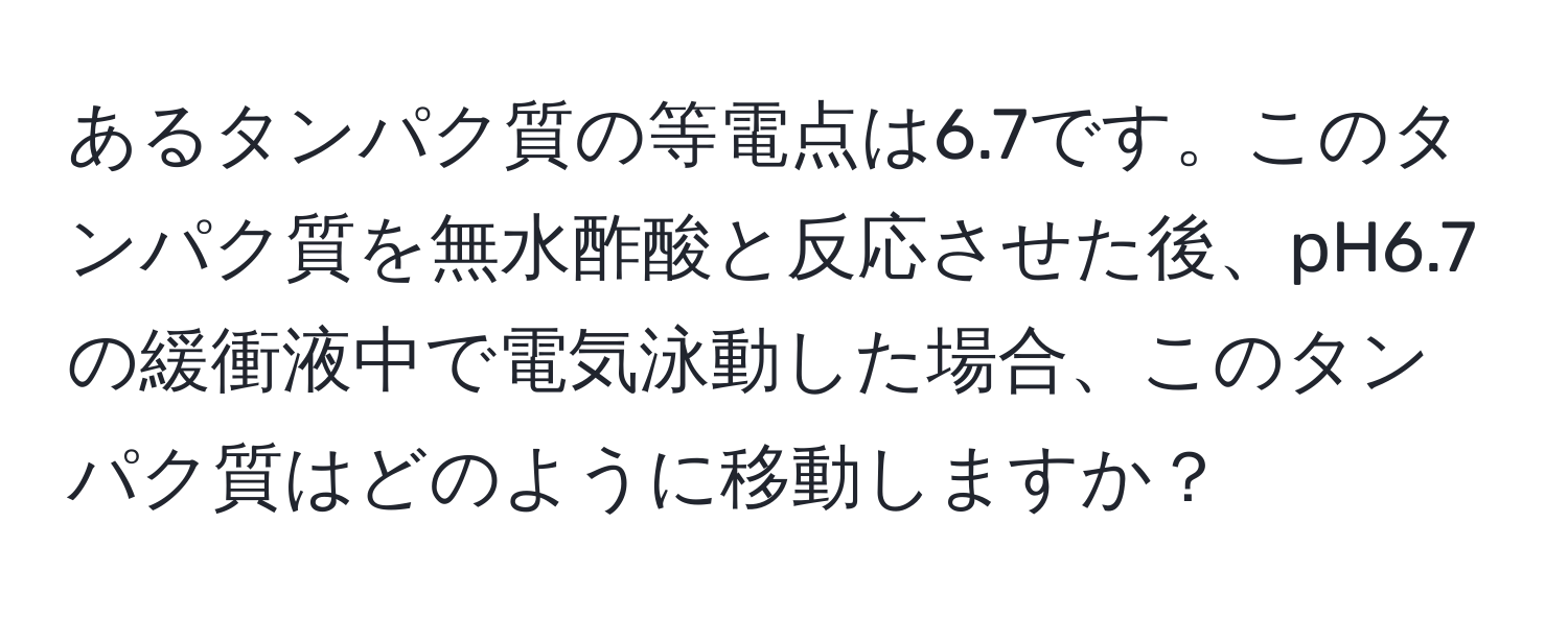 あるタンパク質の等電点は6.7です。このタンパク質を無水酢酸と反応させた後、pH6.7の緩衝液中で電気泳動した場合、このタンパク質はどのように移動しますか？