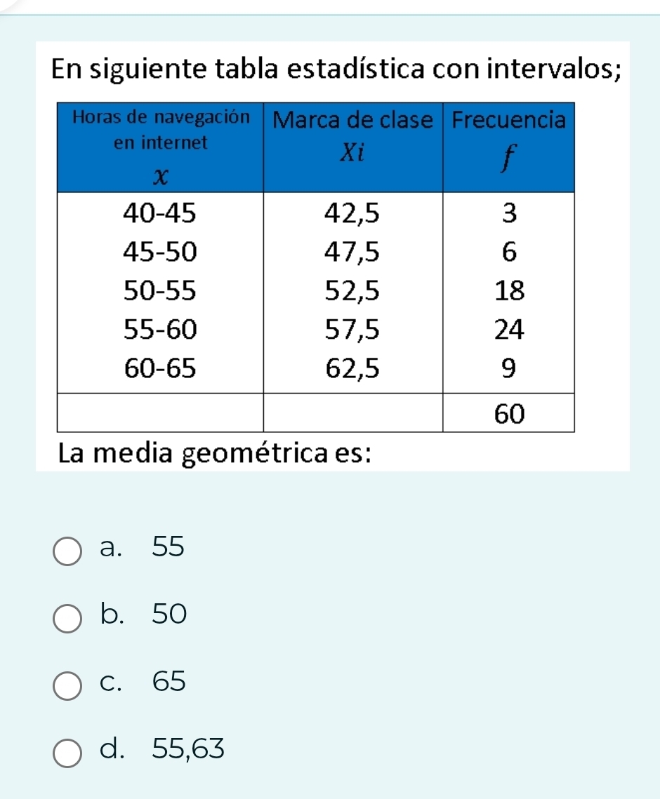 En siguiente tabla estadística con intervalos;
La media geométrica es:
a. 55
b. 50
c. 65
d. 55,63