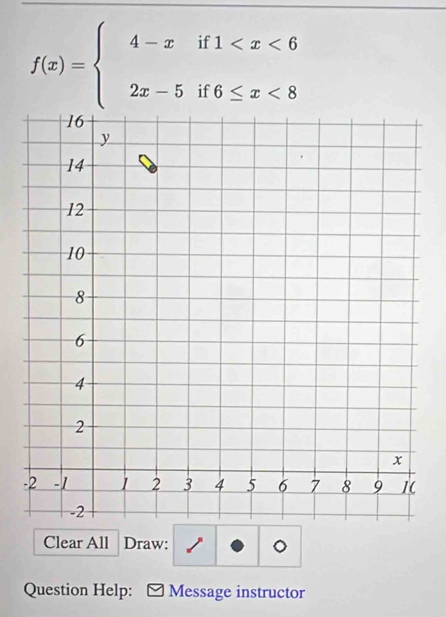 f(x)=beginarrayl 4-xif1 <8endarray.
Clear All Draw: 
Question Help: Message instructor