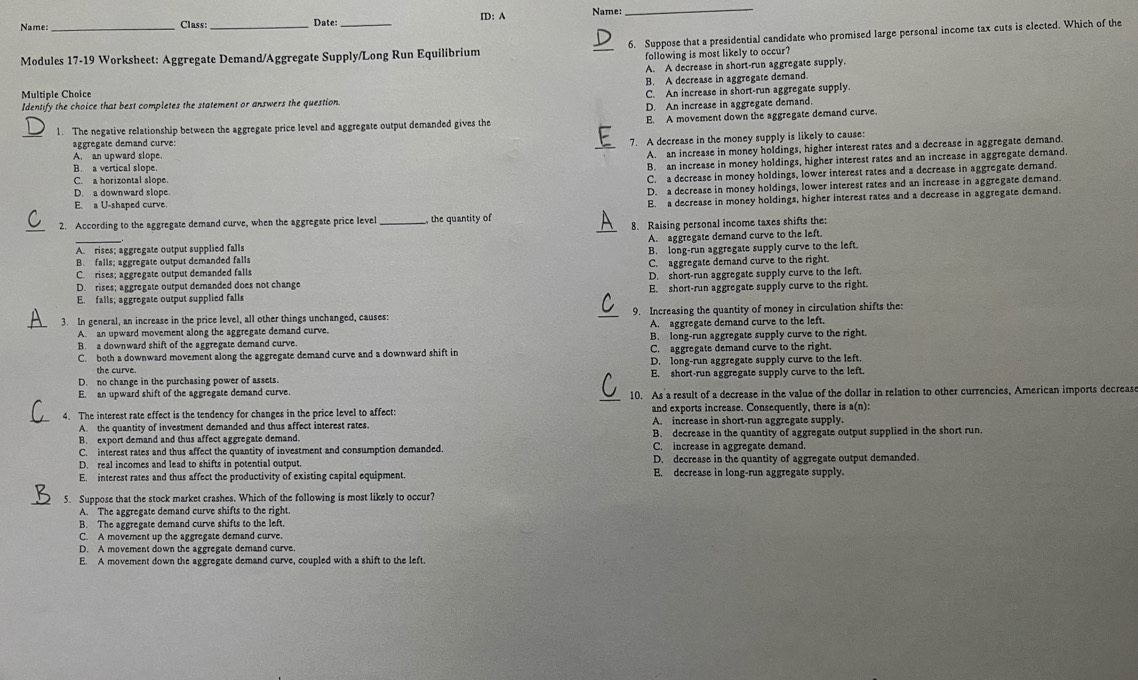 Solved: Name: Class: Date: ID: A Name:_ Modules 17-19 Worksheet ...