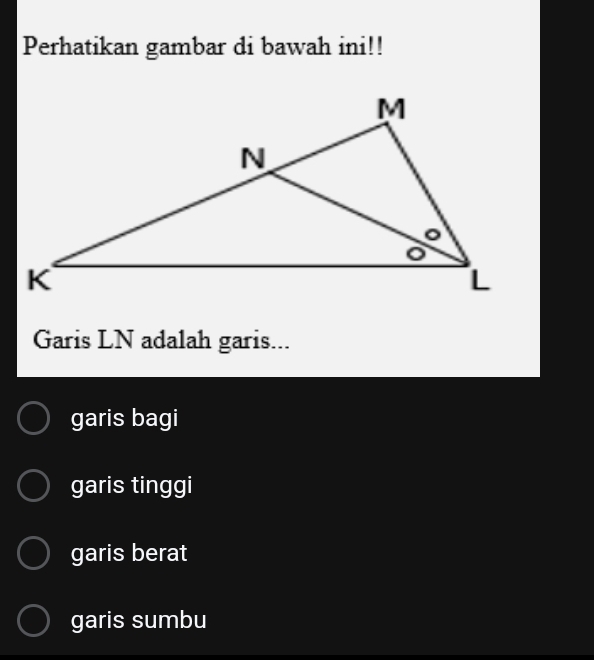 Perhatikan gambar di bawah ini!!
Garis LN adalah garis...
garis bagi
garis tinggi
garis berat
garis sumbu