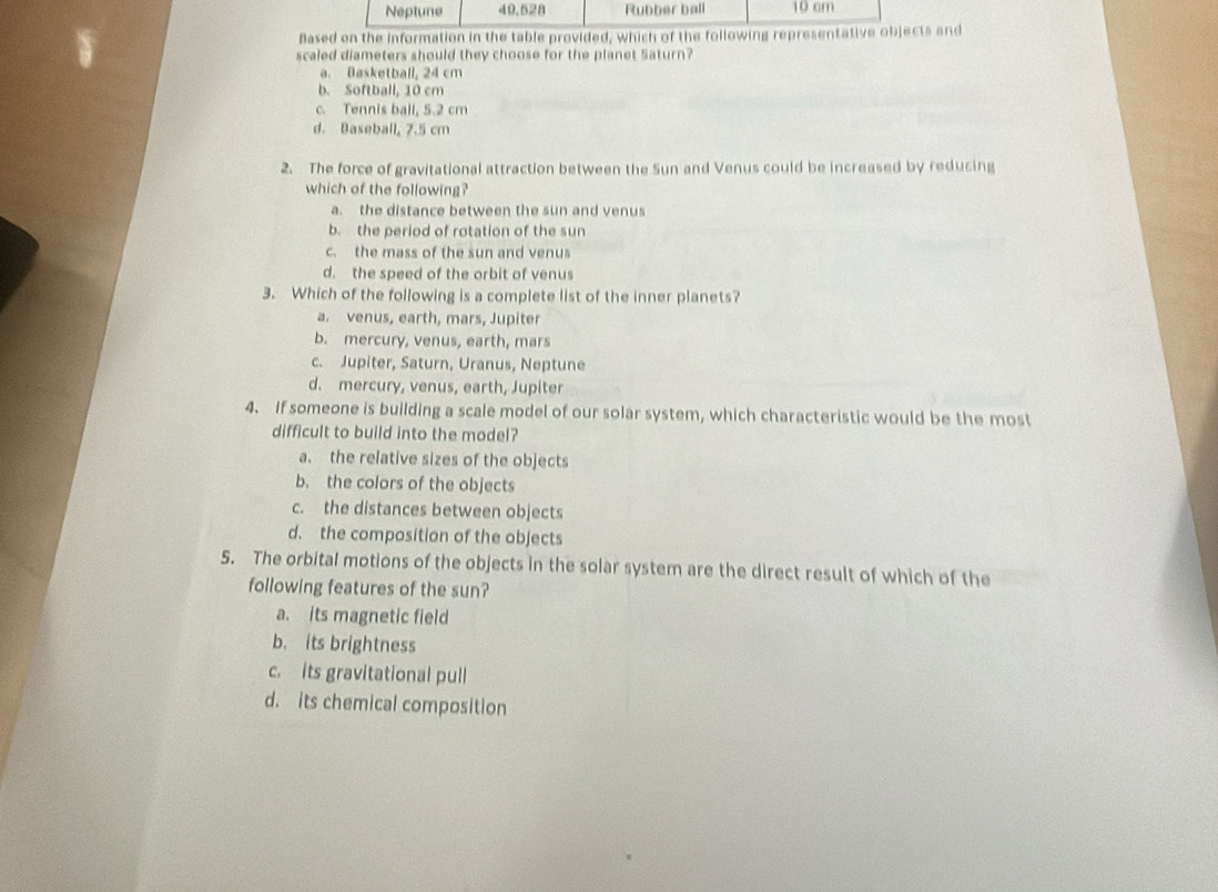 Neptune 40.528 Rubber ball 10 cm
Based on the information in the table provided, which of the following representative objects and
scaled diameters should they choose for the planet Saturn?
a. Basketball, 24 cm
b. Softball, 10 cm
c. Tennis ball, 5.2 cm
d. Baseball, 7.5 cm
2. The force of gravitational attraction between the Sun and Venus could be increased by reducing
which of the following?
a. the distance between the sun and venus
b. the period of rotation of the sun
c. the mass of the sun and venus
d. the speed of the orbit of venus
3. Which of the following is a complete list of the inner planets?
a. venus, earth, mars, Jupiter
b. mercury, venus, earth, mars
c. Jupiter, Saturn, Uranus, Neptune
d. mercury, venus, earth, Jupiter
4. If someone is building a scale model of our solar system, which characteristic would be the most
difficult to build into the model?
a. the relative sizes of the objects
b. the colors of the objects
c. the distances between objects
d. the composition of the objects
5. The orbital motions of the objects in the solar system are the direct result of which of the
following features of the sun?
a. its magnetic field
b. its brightness
c. its gravitational pull
d. its chemical composition