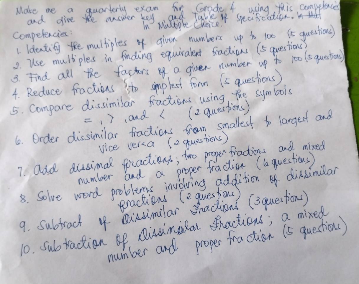 Make me a quarterly exam for Grade 4 using, this competences 
and give the answer key, and Table if specification. 
In Multiple CRoice. 
Competencies: 
1. Identity the multiples of given numbers up to 100 (5 questions) 
2. Use multiples in finding equiralent fractions (5 questions) 
3. Find all the factors of a given number up to 100 (squestios) 
4. Reduce fractions sto simplest form (s questions) 
5. Compare dissimilar fractions using, the symbols
=, ,and ( (2 questions) 
66. Order dissimilar fractions from smallest to largest and 
vice verca (2 questions) 
7. add dusimal fractions; troo proper fractions and mixed 
number and a proper fraction (be questions) 
8. Solve word problems involving addition of dinaimilar 
eractions (e guesfions) 
9. subfract 4f Qinsimilar nactions (3questions) 
10. Subraction of Qiuimisan thactions; a mixed 
number and proper fraction (5 quections)