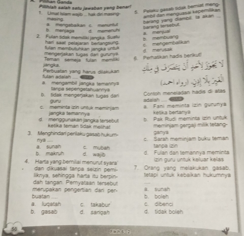 Pilihán Ganda
Pillhilah salah satu jawaban yang benar!
ambil dan menguaşai keperilikan
1. Umat Islam waijb .... hak dri masing
5. Pelaku gasab fidak bemiat meng
masing.
barang yang diambil. Ia akan
a. mengabaikan c. menuntul
barang tersebut.
b. menjaga d. memenuh
a. menjual
2. Fullan tidak memiliki jangka. Suafu
b. membuang
harl saat pelajaran berlangsung.
c. mengemballikan
fulan membutuhkan jangka unfuk
d. merusak
mengerjakan tugas dari gurunya.
Teman semeja fulan memilk 6. Perhakan hadis berikut!
jangka.
Perbuatan yang harus dilakukan
fullan adaliah ...
a. mengambill jangka temannya
tanpa sepengetahuannya
Contoh meneladan hadis di atas
b. tidak mengerjakan tugas dari adailah
guru
c. meminta izin untuk meminjam a. Fani meminta izin gurunya
jangka temannya kešika bertanya
d. menggunakan jangka tersebut b. Pak Rudi meminta izin untuk
ketika teman tidak melihat meminjam gergaji millik tetang-
3. Menghindari perilaku gasab hukum- ganya
nya .... c. Sarah meminjam buku teman
a. sunah c. mubah tanpa izin
b. makruh d. wajib d. Fulan dan temannya meminta
4. Harta yang bernilai menurut syara' izin gurü üntuk keluar kelas
dan dikuasai tanpa seizín pemi- 7. Orang yang melakukan gasab,
lliknya, sehingga harta itu berpin- tetapi untuk kebaikan hukumnya
dah tangan. Pemyataan tersebut
merupakan pengertian dari per- a. sunah
buatan .... b. bolieh
a. lugatah c. takabur c. dibenci
b. gasab d. sariqah d. tidak boleh
50