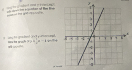 ting the gradient and y-intercept.
y
we down the equation of the line 
shown on the grld opposite. 
Ising the gradient and y-intercept, 
draw the graph of y= 1/2 x-1 on the 
grid opposite. 
d rncan