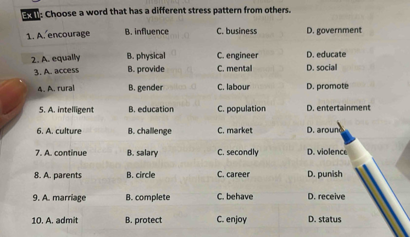 Choose a word that has a different stress pattern from others.