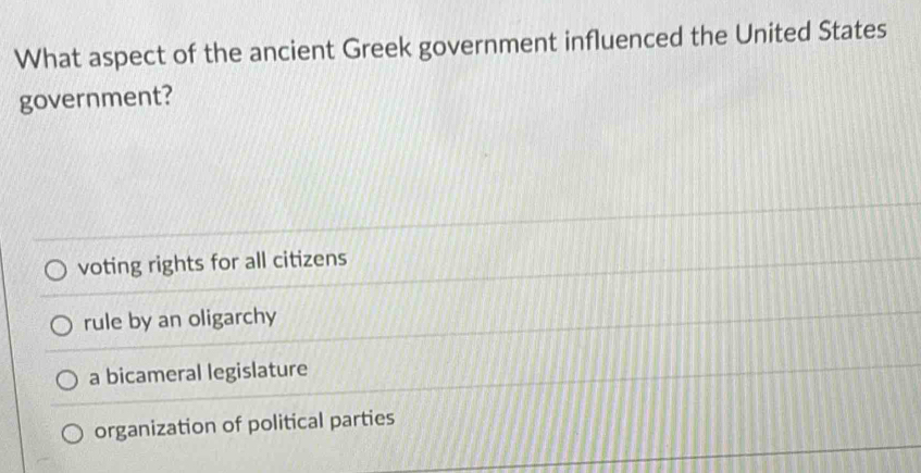 What aspect of the ancient Greek government influenced the United States
government?
voting rights for all citizens
rule by an oligarchy
a bicameral legislature
organization of political parties