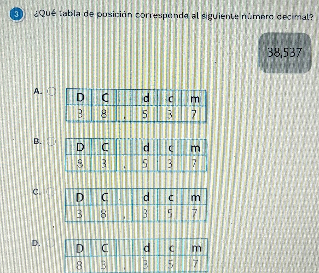 3 ¿Qué tabla de posición corresponde al siguiente número decimal?
38,537
A. 
B. 
C. 
D.