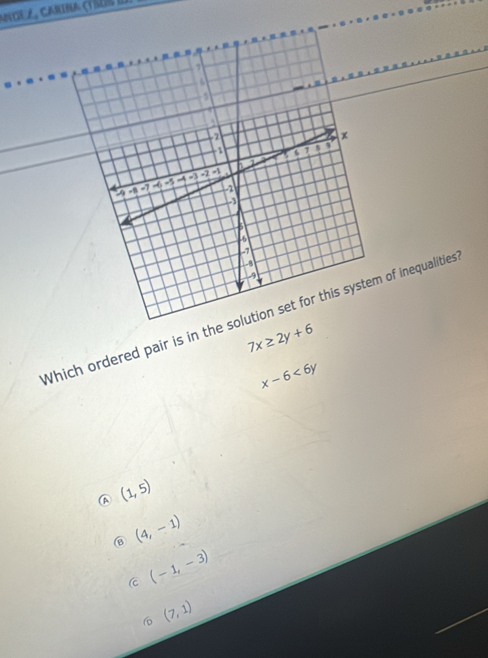 Andez, Carína (TSos d
Which ordered pair is in t of inequalities
7x≥ 2y+6
x-6<6y</tex>
A (1,5)
(4,-1)
C (-1,-3)
(7,1)