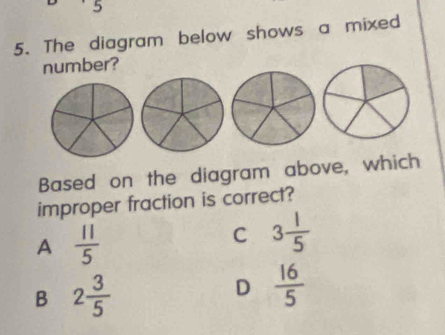 5
5. The diagram below shows a mixed
number?
Based on the diagram above, which
improper fraction is correct?
A  11/5 
C 3 1/5 
B 2 3/5 
D  16/5 