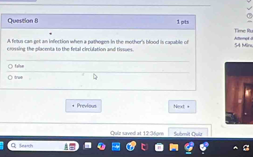 Time Ru
Attempt d
A fetus can get an infection when a pathogen in the mother's blood is capable of
crossing the placenta to the fetal circulation and tissues. 54 Minu
false
true
Previous Next +
Quiz saved at 12:36pm Submit Quiz
Q Search