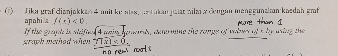 Jika graf dianjakkan 4 unit ke atas, tentukan julat nilai x dengan menggunakan kaedah graf 
apabila f(x)<0</tex>. 
If the graph is shifted 4 units upwards, determine the range of values of x by using the 
graph method when f(x)<0</tex>.