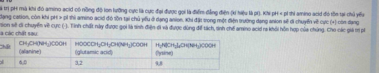 Tà trị pH mà khi đó amino acid có nồng độ lon lưỡng cực là cực đại được gọi là điểm đẳng điện (kí hiệu là pi). Khi pH < p1 thì amino aci đó tồn tại chủ yếu
đạng cation, còn khi pH > pl thì amino acid đó tồn tại chủ yếu ở dạng anion. Khi đặt trong một điện trường dạng anion sẽ di chuyến về cực (+) còn dạng
tion sẽ di chuyển về cực (-). Tính chất này được gọi là tính điện di và được dùng để tách, tinh chế amino acid ra khỏi hỗn hợp của chúng. Cho các giá trị pi
à các chất sau:
C