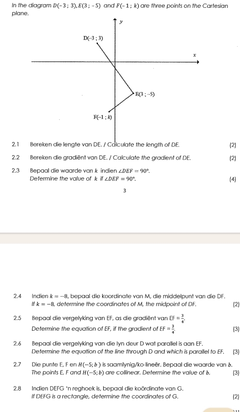 In the diagram D(-3;3),E(3;-5) and F(-1;k) are three points on the Cartesian
plane.
2.1lengte van DE. / Calculate the length of DE.
(2
2.2 Bereken die gradiënt van DE. / Calculate the gradient of DE. (2)
2.3 Bepaal die waarde van k indien ∠ DEF=90°.
Determine the value of k if ∠ DEF=90°. (4)
3
2.4 Indien k=-8 , bepaal die koordinate van M, die middelpunt van die DF. (2
if k=-8 , determine the coordinates of M, the midpoint of DF.
2.5 Bepaal die vergelyking van EF, as die gradiënt van EF= 3/4 .
Determine the equation of EF, if the gradient of EF= 3/4  (3)
2.6 Bepaal die vergelyking van die lyn deur D wat parallel is aan EF.
Determine the equation of the line through D and which is parallel to EF. (3)
2.7 Die punte E, F en H(-5;b) is saamlynig/ko-lineēr. Bepaal die waarde van b.
The points E, F and H(-5;b) are collinear. Determine the value of b. (3)
2.8 Indien DEFG 'n reghoek is, bepaal die koördinate van G. (2)
If DEFG is a rectangle, determine the coordinates of G.