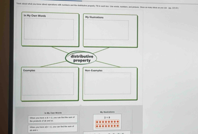 Think about what you know about operations with numbers and the distributive property. Fill in each box. Use words, numbers, and pictures. Show as many iteas as you can (pp 223 #1) 
In My Own Words My Illustrations 
the products of ab and ac. When you have a (b+c) you can find the sum of 2* 8
When you have a(b+c). you can find the sum of
ab and c