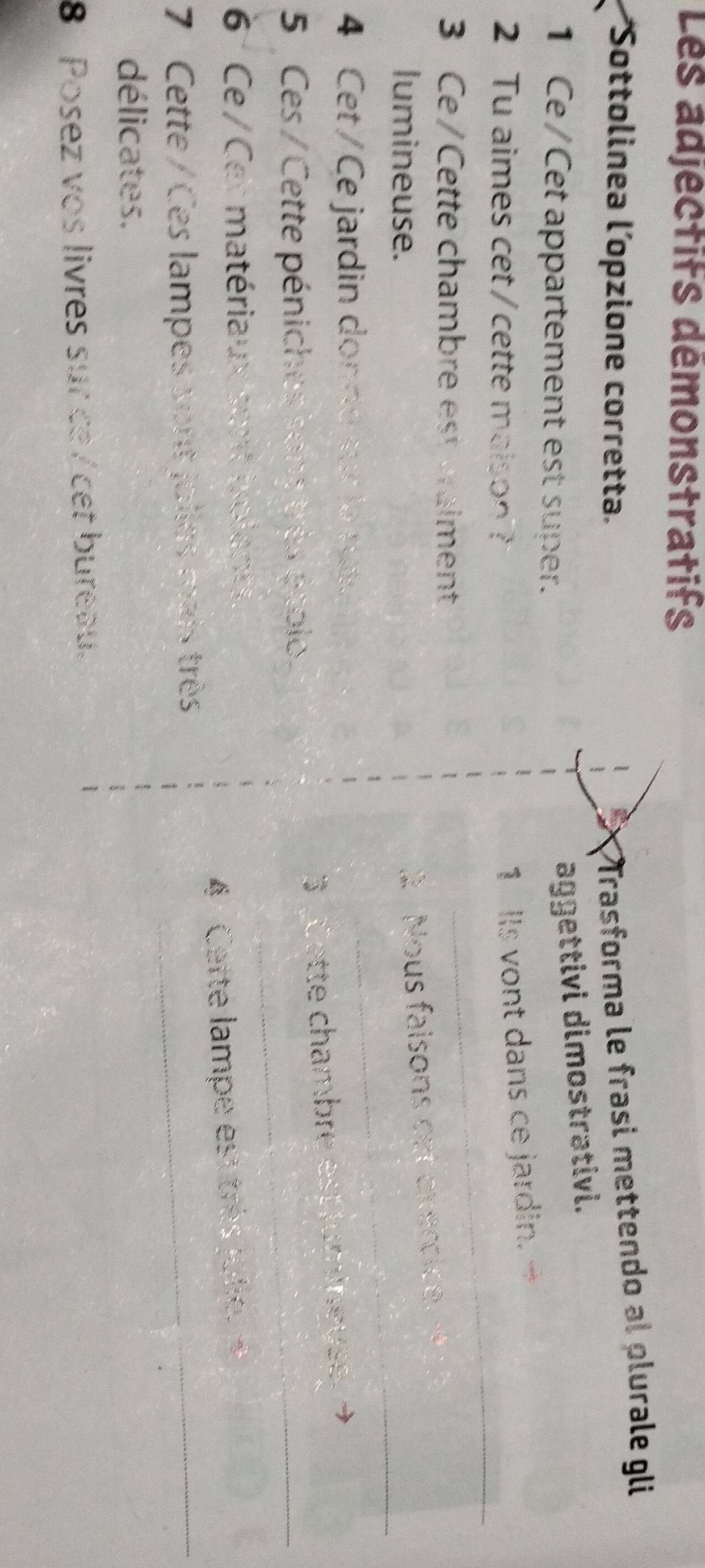 Les adjectifs démonstratifs 
*Sottolinea l’opzione corretta. 
Trasforma le frasi mettendo al plurale gli 
1 Ce / Cet appartement est super. 
aggettivi dimostrativi. 
2 Tu aimes cet /cette maison ? 
1 Ils vont dans ce jardin. → 
3 Ce/ Cette chambre est éraiment 
_ 
_ 
lumineuse. 
2 Nous faisons cet exercice. 
4 Cet / Ce jardin donno sur la rué 
3 Cette chambre est jumineuse. 
5 Ces / Cette péniches sont très étolo._ 
6°Ce / Cer matériaux sont iolants. 
7 Cette / Ces lampes sont jolles mais très 4 Cette lampe est très julic, 
délicates. 
8 Posez vos livres sur ce / cet bureau.