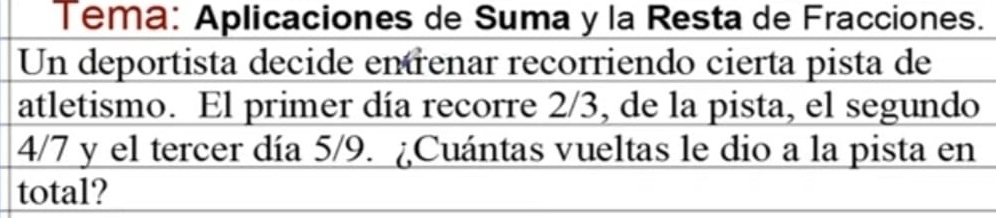 Tema: Aplicaciones de Suma y la Resta de Fracciones. 
Un deportista decide entrenar recorriendo cierta pista de 
atletismo. El primer día recorre 2/3, de la pista, el segundo
4/7 y el tercer día 5/9. ¿Cuántas vueltas le dio a la pista en 
total?